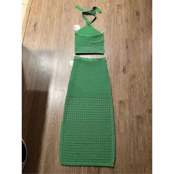 LOST & WONDER Olivia Top & Maxi Skirt Set GREEN Boho Crochet Knit size S NWT - Picture 6 of 7